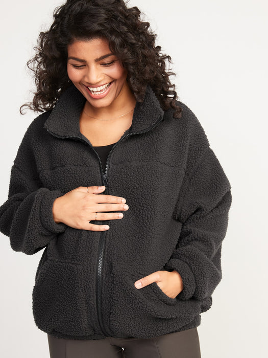 Maternity Cozy Sherpa Zip-Front Sweatshirt - Black