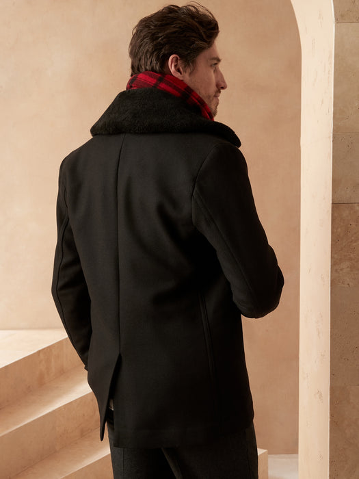 Italian Melton Peacoat with Shearling Collar