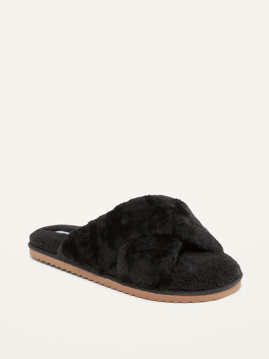 Cozy Faux-Fur Cross-Strap Slippers for Women