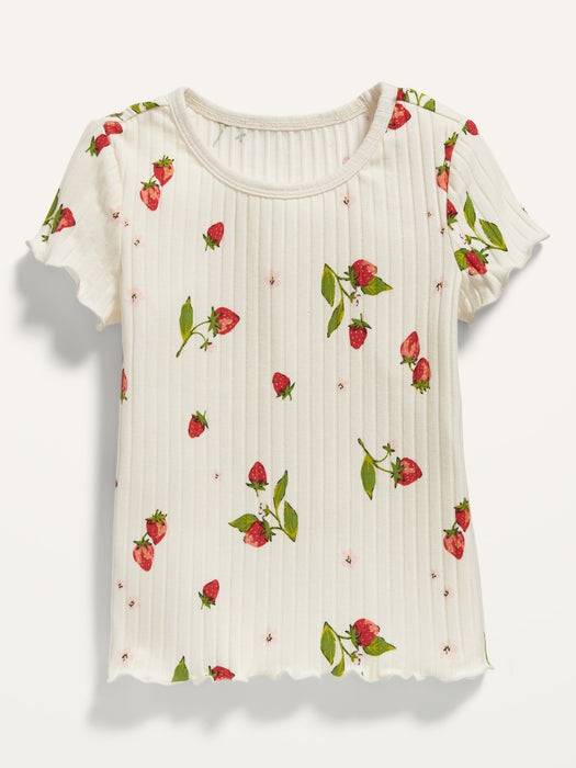 Printed Rib-Knit Lettuce-Edge T-Shirt for Toddler Girls - Pink