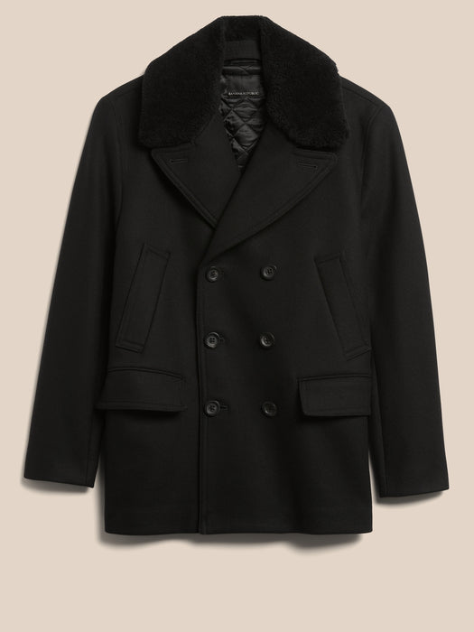 Italian Melton Peacoat with Shearling Collar
