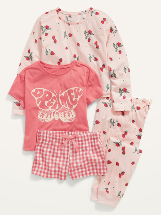 4-Piece Jersey-Knit Printed Pajama Set for Girls - Pink