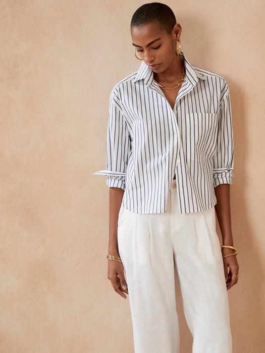 The Boxy Cropped Shirt - White & Navy Stripe