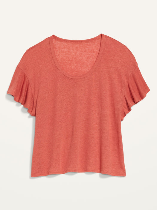 Flutter-Sleeve Scoop-Neck Linen-Jersey Easy T-Shirt for Women - Multi