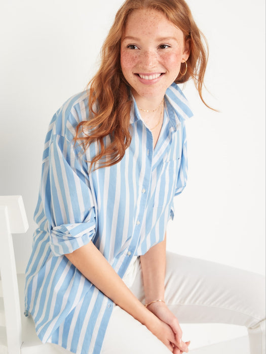 Oversized Striped Boyfriend Shirt for Women - Blue