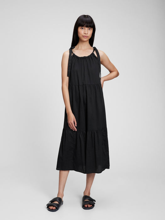 Tie-Shoulder Tiered Midi Dress - true black