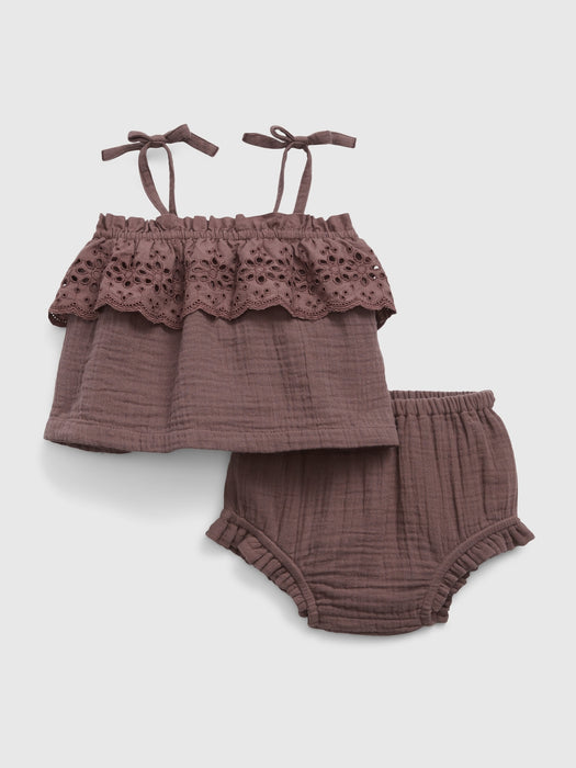 Baby Eyelet Two-Piece Outfit Set - brown peppercorn