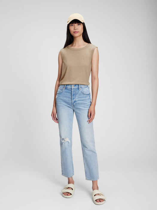 Linen Blend Muscle Sleeveless T-Shirt