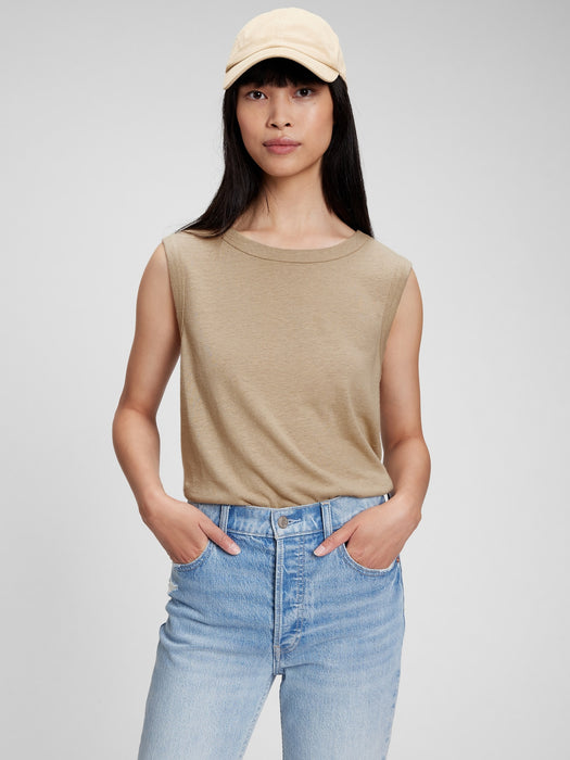 Linen Blend Muscle Sleeveless T-Shirt