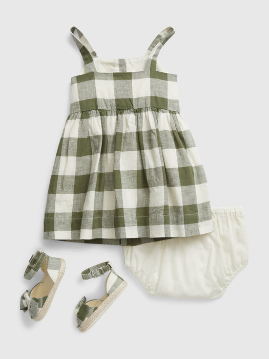 Baby Linen-Cotton Plaid Dress and Shoe Set - cypress green