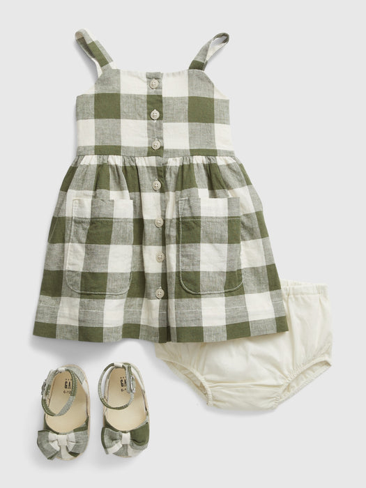 Baby Linen-Cotton Plaid Dress and Shoe Set - cypress green