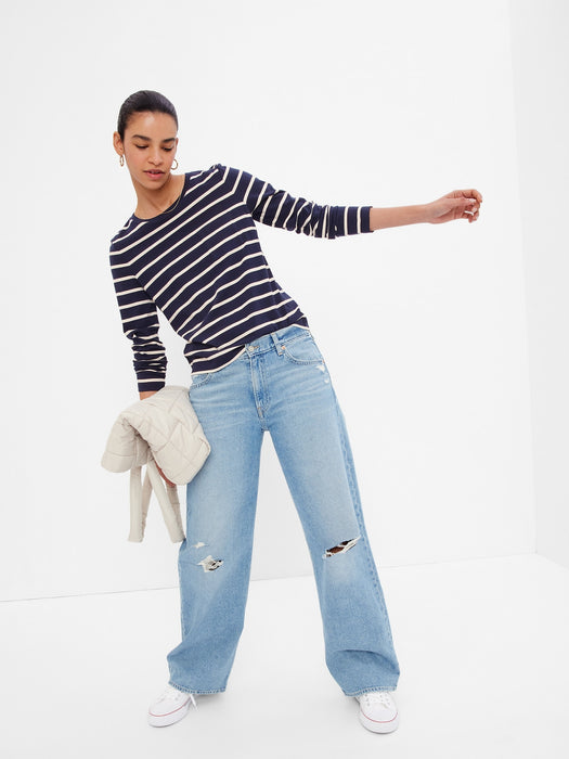 100% Organic Cotton Vintage Long Sleeve Pocket T-Shirt - navy blue & white stripe