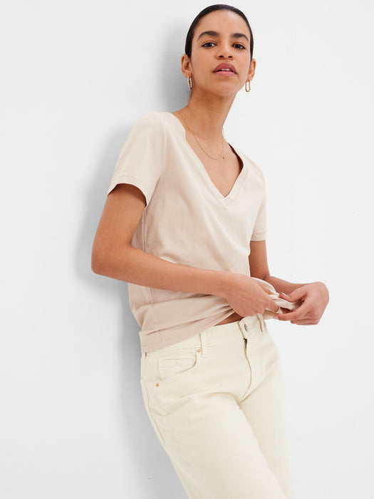 100% Organic Cotton Vintage V-Neck T-Shirt - cobblestone beige