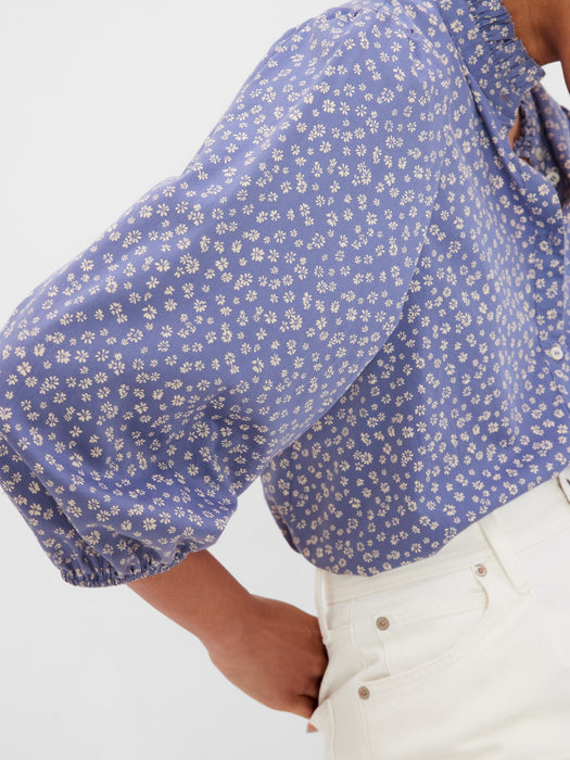 Puff Sleeve Mockneck Shirt - blue floral