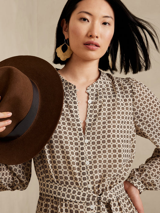 Pleated Midi Dress - White Print