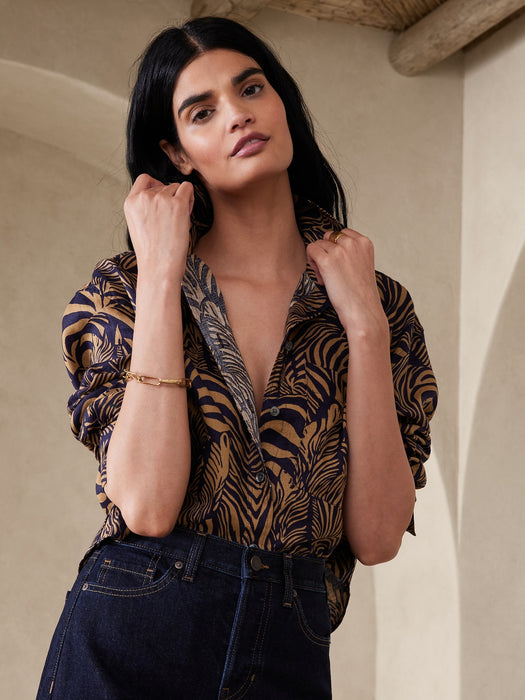 Linen Boxy Cropped Shirt - Zebra Print