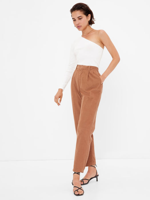 High Rise Pleated Taper Corduroy Pants with Washwell