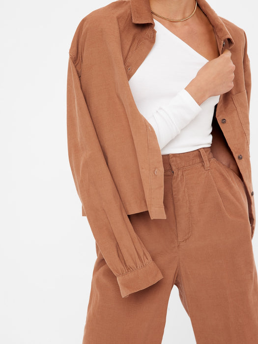 High Rise Pleated Taper Corduroy Pants with Washwell