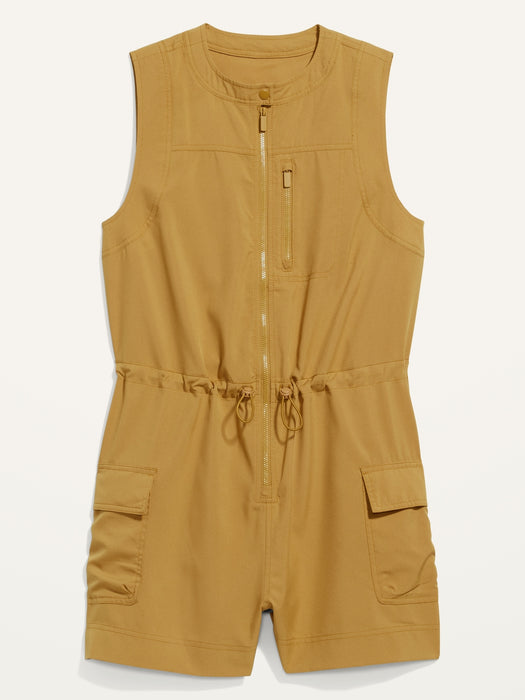StretchTech Sleeveless Zip-Front Cargo Romper for Women -- 3-inch inseam