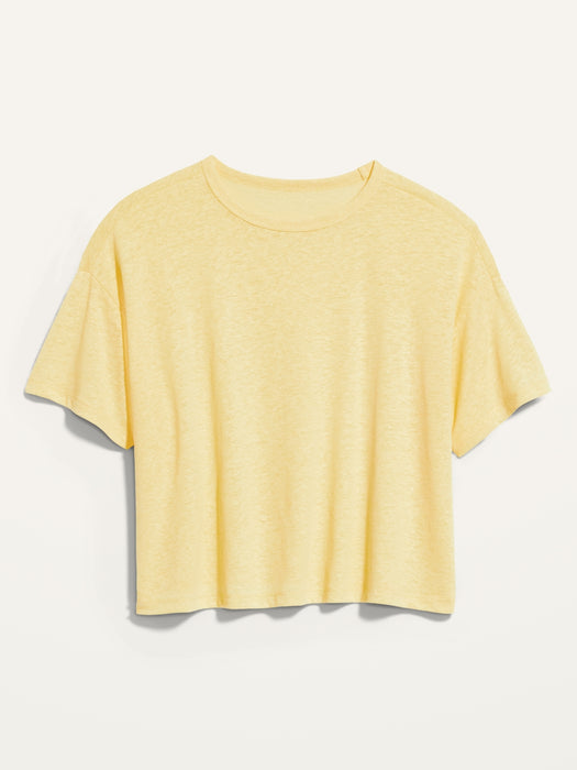 Elbow-Sleeve Oversized Linen-Blend T-Shirt for Women - Pink