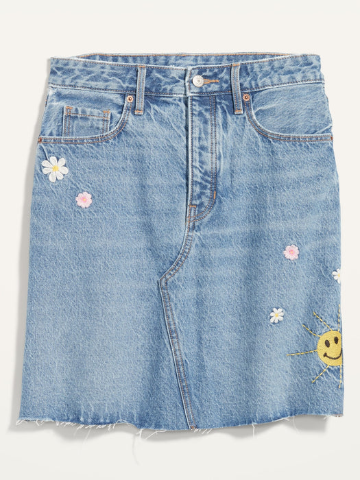 Higher High-Waisted Button-Fly Embroidered Mini Jean Skirt for Women