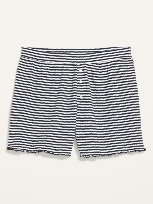 High-Waisted Striped Lettuce-Edge Pointelle-Knit Pajama Shorts for Women -- 3-inch inseam - Blue