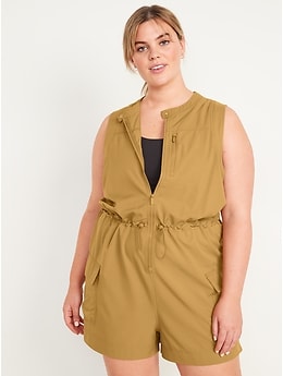 StretchTech Sleeveless Zip-Front Cargo Romper for Women -- 3-inch inseam