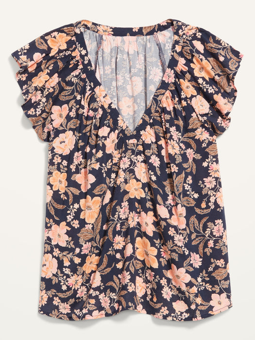 Flutter-Sleeve Floral-Print Swing Blouse for Women - Blue