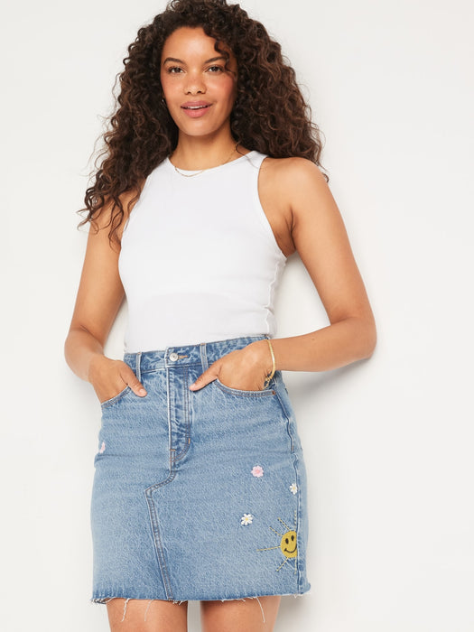 Higher High-Waisted Button-Fly Embroidered Mini Jean Skirt for Women