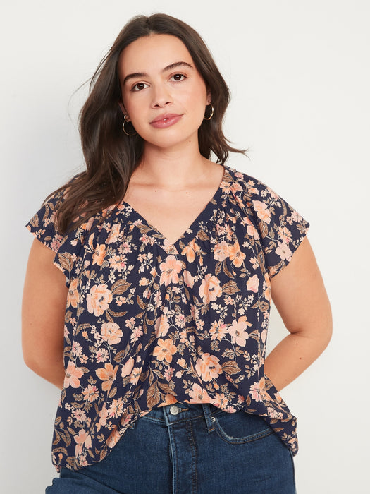 Flutter-Sleeve Floral-Print Swing Blouse for Women - Blue
