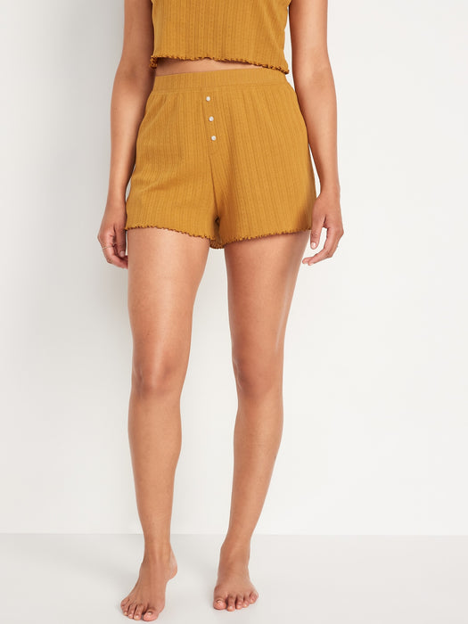 High-Waisted Lettuce-Edge Pointelle-Knit Pajama Shorts for Women -- 3-inch inseam - Yellow
