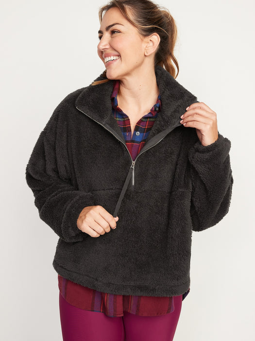 High-Neck Half-Zip Sherpa Sweatshirt for Women - Black
