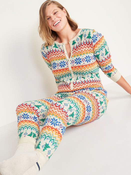 Matching Printed Thermal-Knit One-Piece Pajamas for Women - Multi