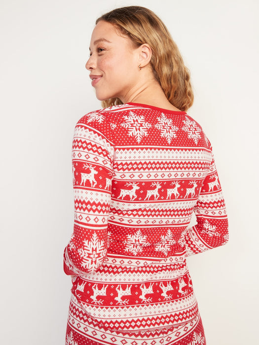 Printed Thermal-Knit Long-Sleeve Pajama Top for Women - Red