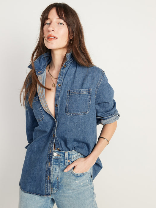 Oversized Boyfriend Utility-Pocket Jean Shirt for Women