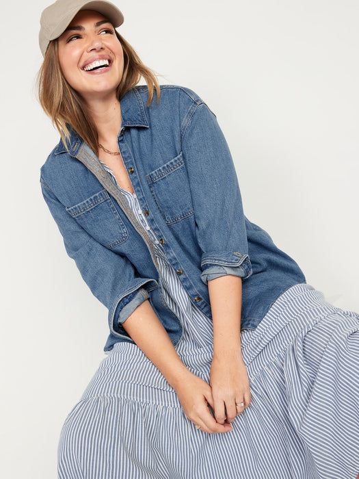 Oversized Boyfriend Utility-Pocket Jean Shirt for Women