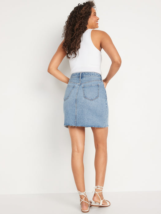 Higher High-Waisted Button-Fly Embroidered Mini Jean Skirt for Women