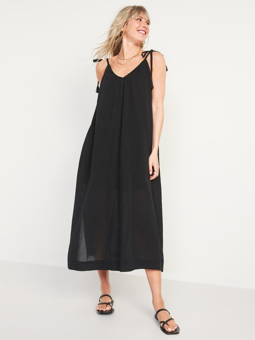 Sleeveless Tie-Shoulder All-Day Maxi Swing Dress for Women - Black