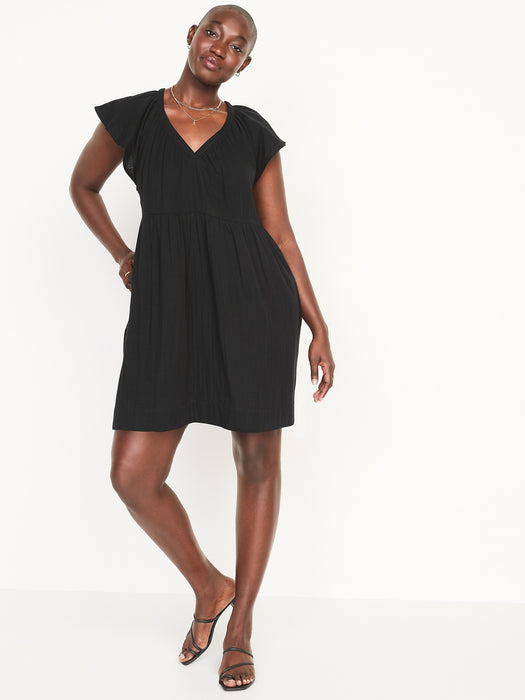 Flutter-Sleeve V-Neck Mini Swing Dress for Women - Black