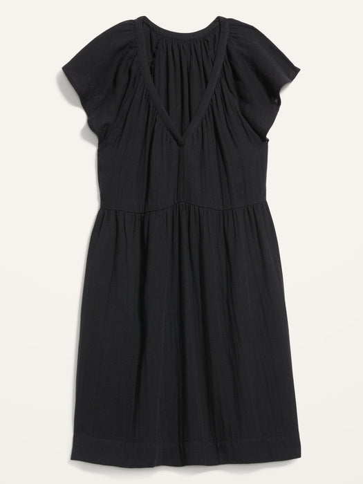 Flutter-Sleeve V-Neck Mini Swing Dress for Women - Black
