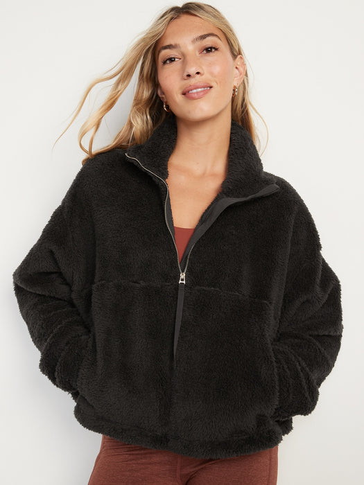 High-Neck Half-Zip Sherpa Sweatshirt for Women - Black
