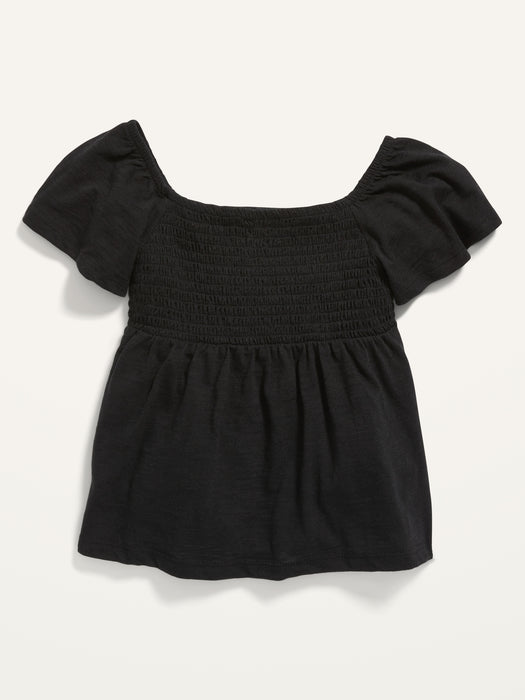 Slub-Knit Flutter-Sleeve Smocked Swing Top for Girls - Black
