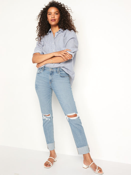 Mid-Rise Boyfriend Straight Ripped Smiley Face Jeans for Women - Blue