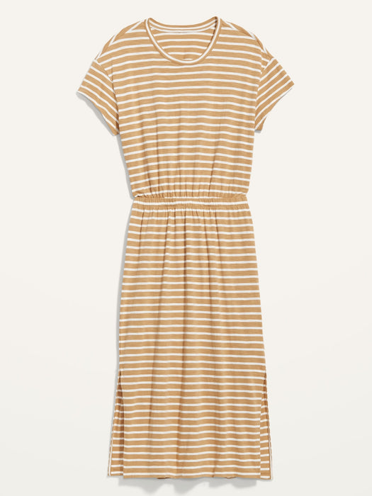 Waist-Defined Short-Sleeve Striped Cutout-Back Midi Dress for Women