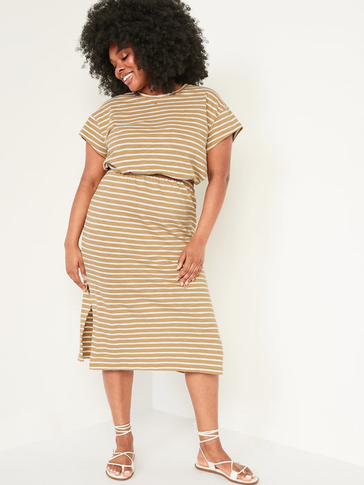 Waist-Defined Short-Sleeve Striped Cutout-Back Midi Dress for Women