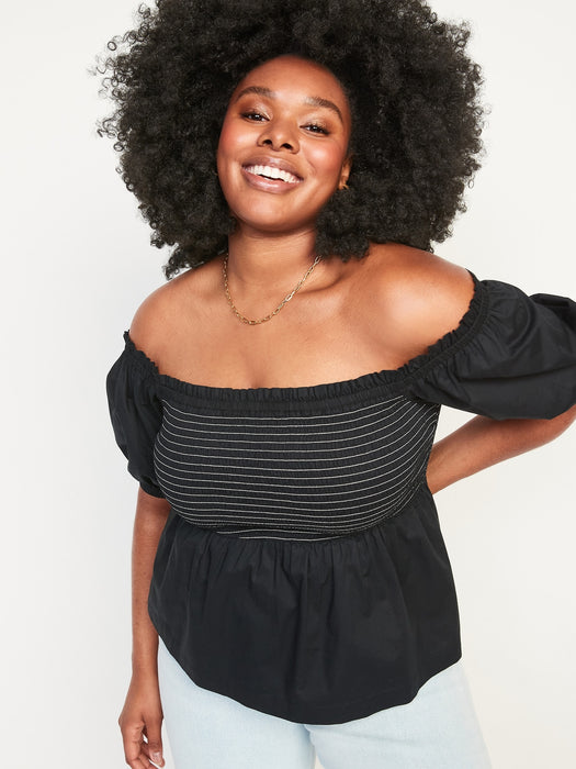 Off-The-Shoulder Smocked Babydoll Swing Blouse for Women - Black