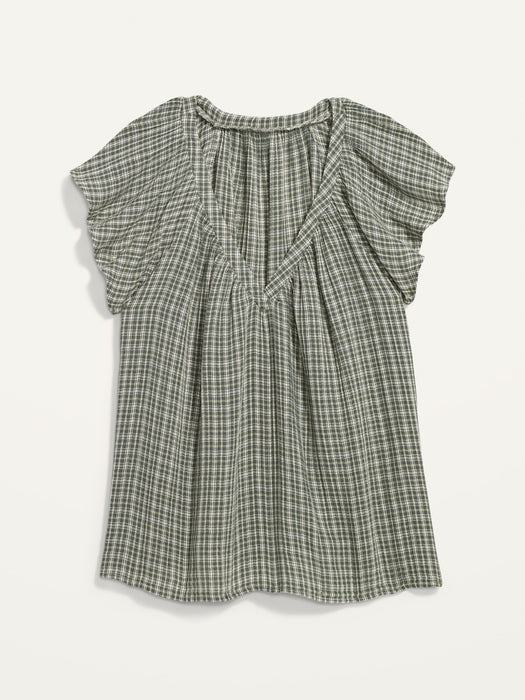Loose Check-Pattern Flutter-Sleeve Top for Women - Green