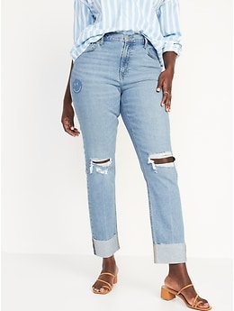 Mid-Rise Boyfriend Straight Ripped Smiley Face Jeans for Women - Blue