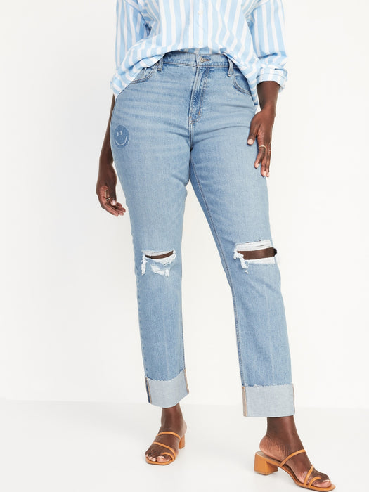 Mid-Rise Boyfriend Straight Ripped Smiley Face Jeans for Women - Blue