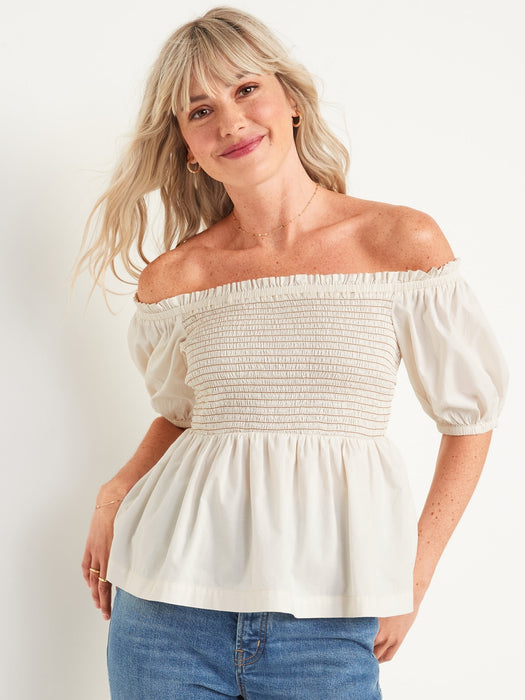 Off-The-Shoulder Smocked Babydoll Swing Blouse for Women - White